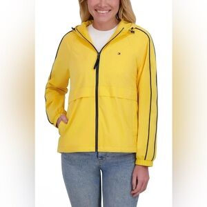 Tommy Hilfiger Bright Yellow Hooded Windbreaker with Navy Trim Sz L